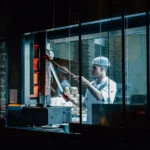 Chef skillfully prepares rotisserie meat in a modern restaurant kitchen.