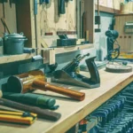 A tidy workshop bench with various woodworking tools and clamps neatly arranged.