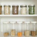 Neatly arranged pantry showcasing grains in glass jars and dry goods in plastic containers.